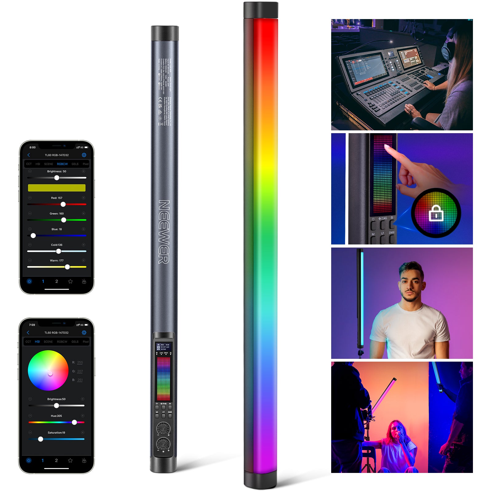 neewer-00528-1.jpg NEEWER TL60 20W RGB Tube Light with APP/2.4G/DMX Control